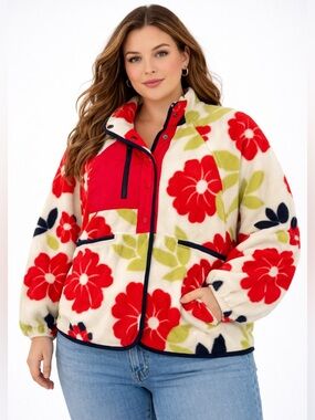 Thread & Supply Floral Fleece Button Up Jacket - Size Large - NWT